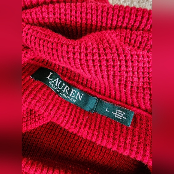 Ralph Lauren LAUREN Black label Womens Size LARGE Waffle Knit Red Cowl Neck Knit - Picture 3 of 13